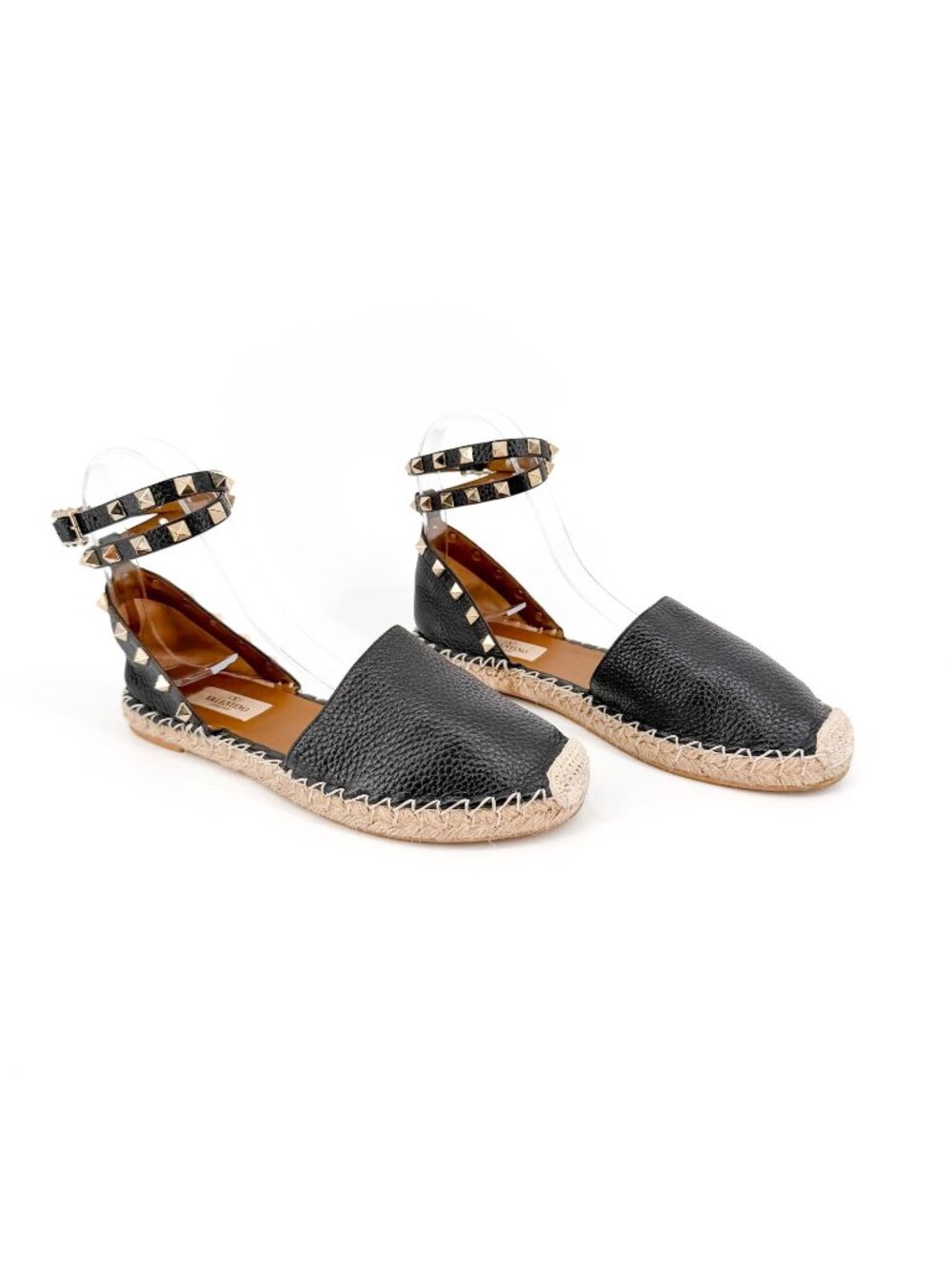 Valentino Garavani Rockstud Espadrille Flat Sandals Black Leather Size 38 US 8